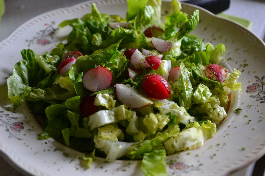 Ett fat med grön sallad och rädisor. Eating more vegetables, salad and radishes.