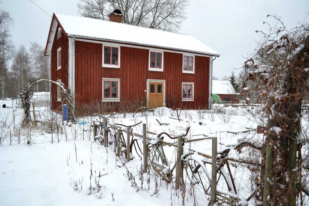 Köksträdgård och hus täckt av snö. 