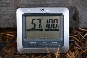 En närbild på en termometer som visar 57 grader.