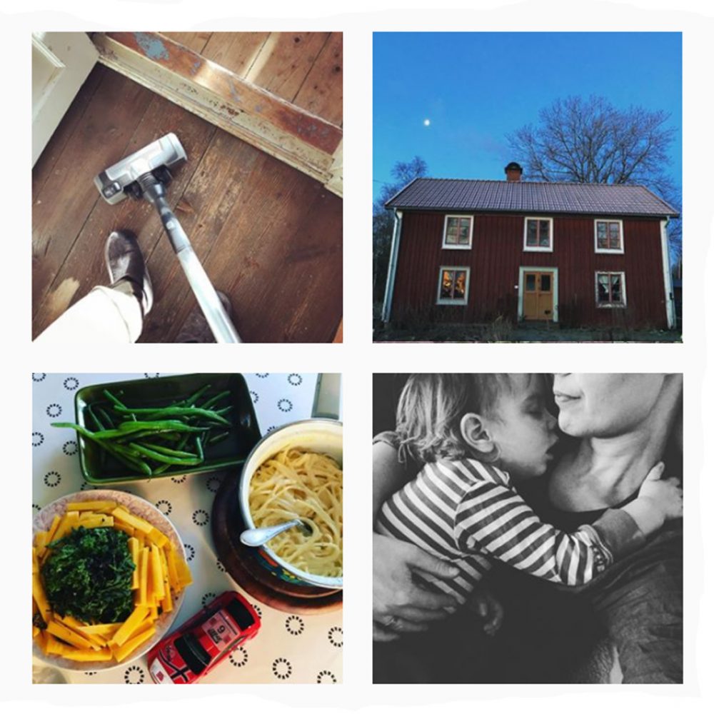 Ett collage av fyra bilder på dammsugning, ett rött timmerhus utifrån, en måltid med pasta, gula morotsstavar, brytbönor och grönkål samt en svartvit bild av Sara och ett litet barn som vilar.