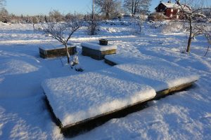 Vintrig bild med pallkragar och odlingsramar täckta med snötunga lock.