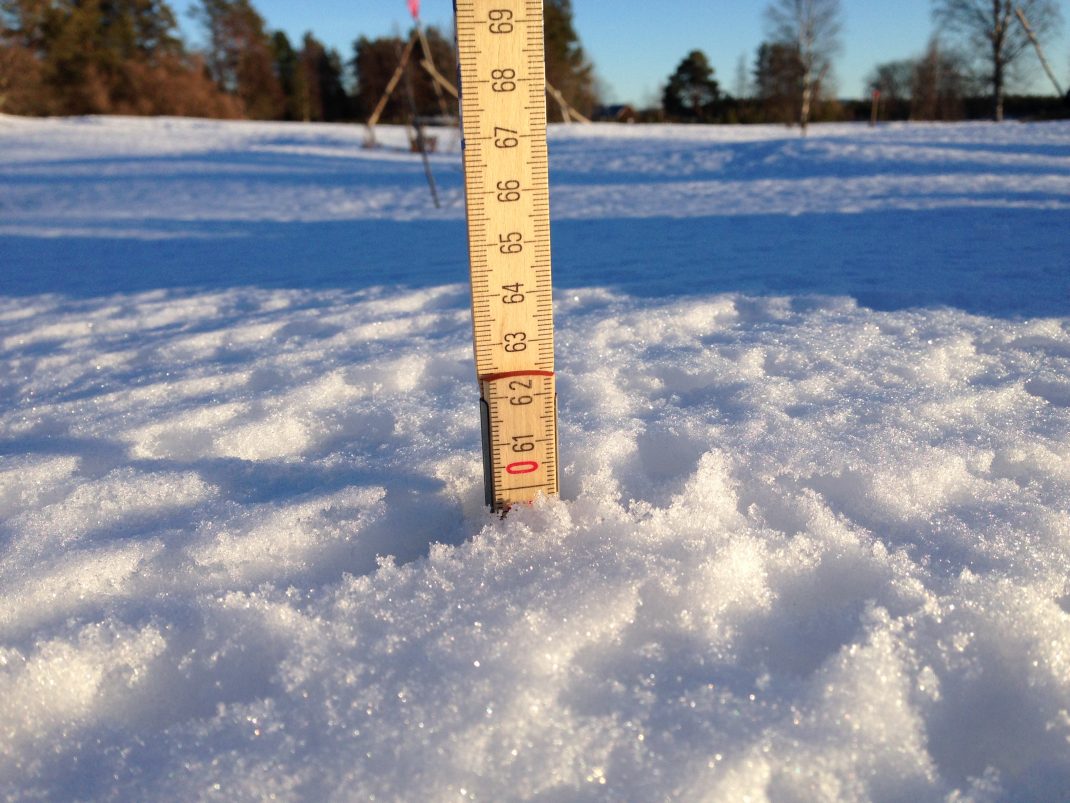 En tumstock är nertryckt i snön och visar ca 60 cm. 