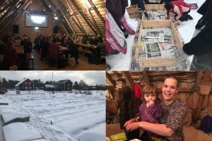 Ett kollage av fyra bilder från helgens kurs; föreläsning på logen, vi täcker marken med tidningar för att ställa pallkragar med jord på, vintrig gård och jag och liten sitter inne och myser.