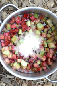 I en kastrull ligger massor av bitar av rabarber tillsammans med socker.