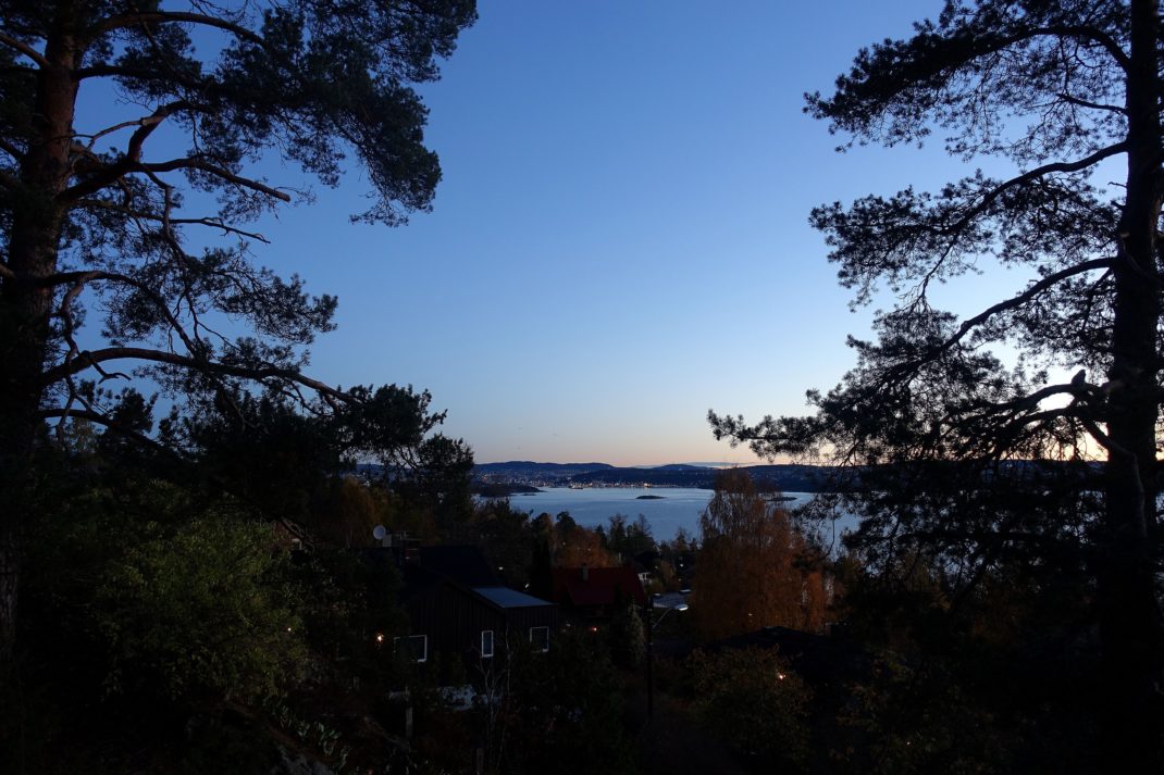 Utsikt från ett berg på hav, fjord och en stad långt bort nedanför bergen. 