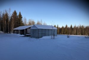 Landskap i norr med låg sol, massa snö och ett växthus.
