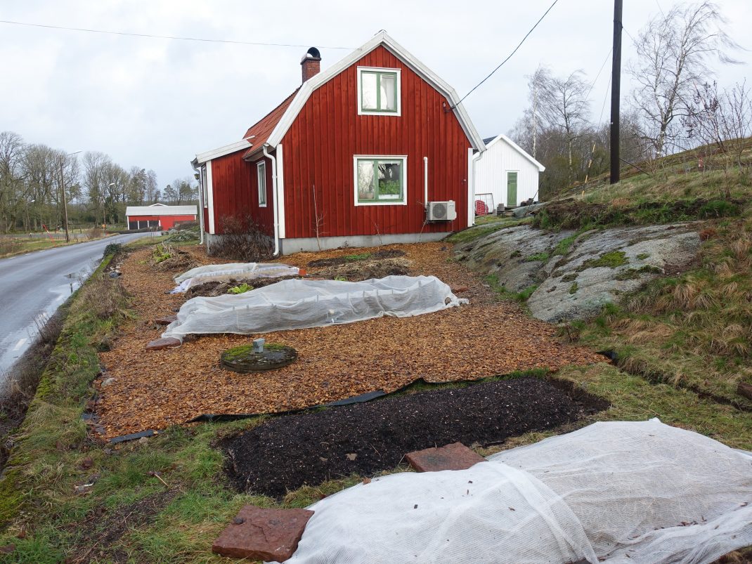 Ett litet rött hus med köksträdgård 