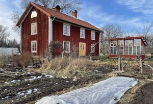Köksträdgård framför rött hus, snö på marken.